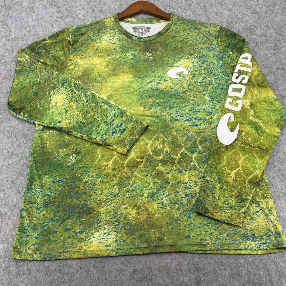 Costa Del Mar Mossy Oak Fishing Shirt Mens XXL Green Mahi Camo Long Sleeve Tee